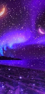 Purple night sky with moons and stars in a dreamy cosmic scene.