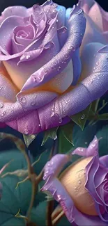 Vibrant purple roses with droplets on a dark background.