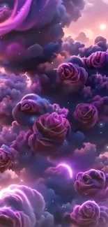 Purple rose-shaped clouds in a dreamy sky.