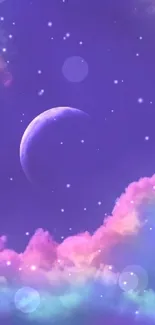 Dreamy purple sky with moon and colorful clouds wallpaper.