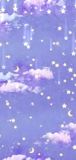 Dreamy purple sky wallpaper with stars and clouds.