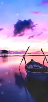 A peaceful scene of a boat under a dreamy purple sky with scattered stars.