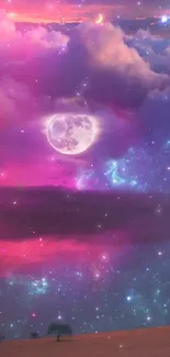 Dreamy purple night sky with moon and stars wallpaper.