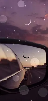 Car mirror reflecting a purple sunset with a crescent moon in a dreamy sky.