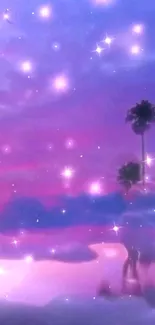 Dreamy purple sky with stars and silhouetted palm trees.