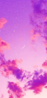 Purple sky with pink clouds and crescent moon.