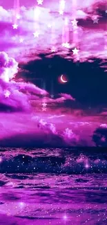 Dreamy purple sky with a crescent moon and sparkling stars over the ocean.