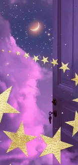 Dreamy purple sky with golden stars and open door in enchanting scene.