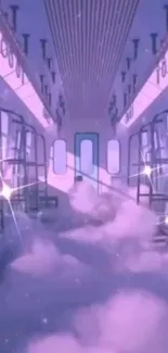 Dreamy purple train interior with clouds and sparkles.