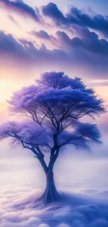 Dreamy purple tree amidst clouds under a mesmerizing sky.