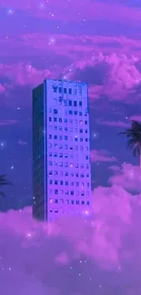 Surreal purple skyline with clouds and palm trees creating an urban fantasy scene.