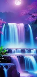 Mystical moonlit waterfall with purple foliage in fantasy landscape.