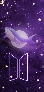 Purple whale glides through a starry night sky in dreamlike mobile wallpaper.