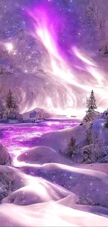 Dreamy purple winter landscape with glowing river and snowy trees.