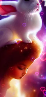 Dreamy wallpaper with girl and rabbit in cosmic theme.