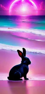 Rabbit on a vibrant beach with a glowing moon.