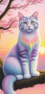 A rainbow-colored cat on a tree branch at sunset in pastel colors.