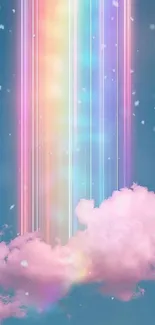 Dreamy pink cloud with rainbow lights on a blue background.