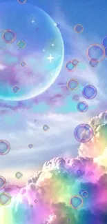 Dreamlike rainbow clouds and bubble against a blue sky.