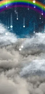 Dreamy wallpaper with rainbow, clouds, and stars in a night sky.