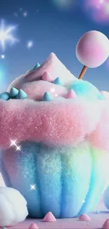 Pastel rainbow cupcake with dreamy soft colors and magical stars.