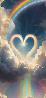 Heart-shaped rainbow amid dreamy clouds and sky.