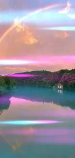 Rainbow over calm lake with dreamy pink hues and natural scenery.