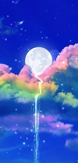 Breathtaking wallpaper with a full moon and rainbow clouds.