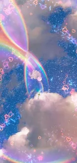 Dreamy rainbow and cloud sky wallpaper with cosmic elements.