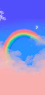 Mobile wallpaper with rainbow over pastel clouds and twilight sky featuring a crescent moon.