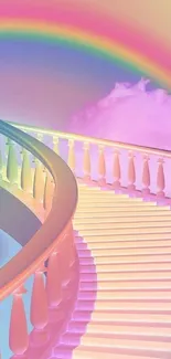 Dreamy pastel staircase with vibrant rainbow and clouds.