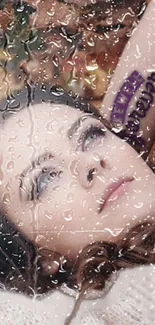 Woman's face through raindrops, serene and dreamy mobile wallpaper.