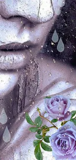 Artistic wallpaper with raindrops and lavender roses.