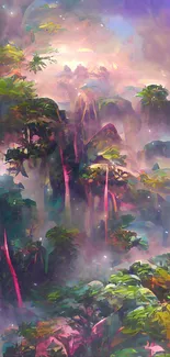 Dreamy rainforest art wallpaper with vibrant colors and lush foliage.