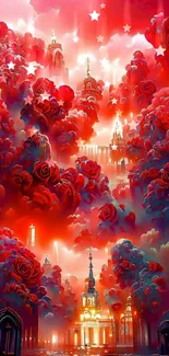 Surreal red castle in clouds with roses, mystical wallpaper.