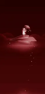 Girl on paper plane under red sky, dreamy night wallpaper.