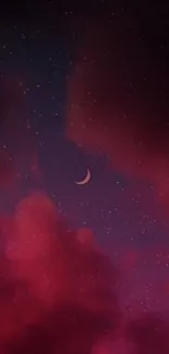 Red night sky with crescent moon and stars.