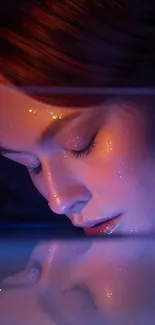 Dreamy portrait with shimmering makeup and reflection.