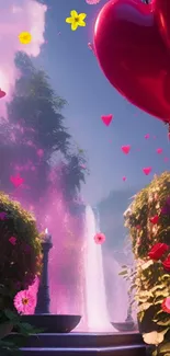 Romantic landscape with hearts and waterfall.