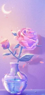 Pink rose in glass vase under a crescent moon on a dreamy purple background.