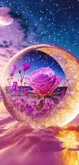 Purple rose and moon scene with an ethereal crystal orb reflecting ocean waves.