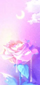 Pink rose with crescent moon on purple background wallpaper.