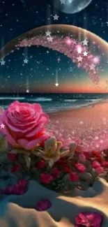 Dreamy night beach with rose and stars.