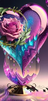 Mobile wallpaper with a rose in a crystal heart, featuring pink and blue colors.