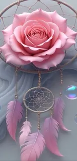 Pink rose dreamcatcher with feathers design.