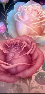 Dreamy floral wallpaper with pink roses.