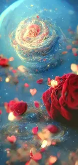 Dreamy wallpaper with roses and cosmic blue swirls.