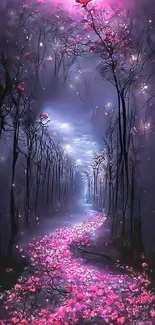 Dreamy fantasy path with pink rose and glowing lights.