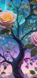 Surreal rose tree against a mystical sky.