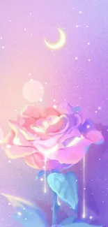 Dreamy mobile wallpaper with a pink rose and crescent moon on a purple background.